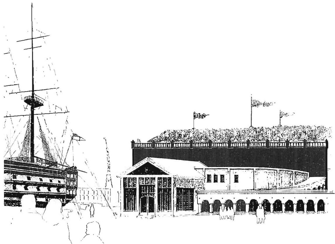 The Mary Rose Museum, as seen alongside HMS Victory, looking across the new Victory arena. Christopher Alexander with Gary Black, Miyako Tsutsui, Annie der Bedrossian. 1992