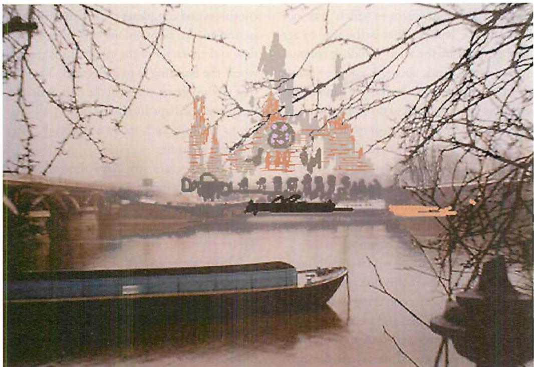 Sketch design for The Church of the Holy Trinity, as seen from across the Thames, in fog. To sketch the building I put the photograph of the site in my computer, and drew directly on the photograph, using a program which encourages formation of seniors and structure-preserving transformations. I kept adjusting it, until it seemed as appropriate as I could make it to the site, so that the view across the Thames becomes better, and the Thames is made greater by the presence of the church. Drawing made from the north bank of the Thames near Chelsea Bridge, seen here after 200 iterations. Christopher Alexander, 1947