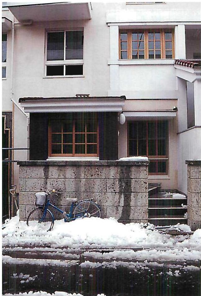 Winter 1988. An exterior, street-level view of one apartment in the Emoto building. The simple, nearly stark, but comfortable, solid quality of the building comes from the unfolding—especially from the inclusion of NOTHING extra BEYOND the decisions of unfolding.