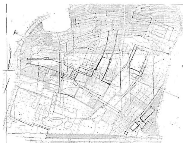 Measured drawing made after detailed work on the site itself had been done with stakes. This drawing is a transcription of the position of the stakes