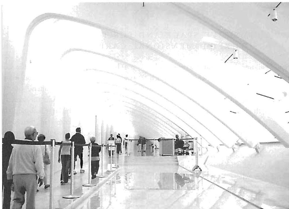 While this picture does not show positive space, the view down the corridor does demonstrate a sense of alternating light and dark, solid and empty, thus creating a structure that has elegance and life in some degree. Santiago Calatrava, The Milwaukee Museum, Milwaukee, 2003.