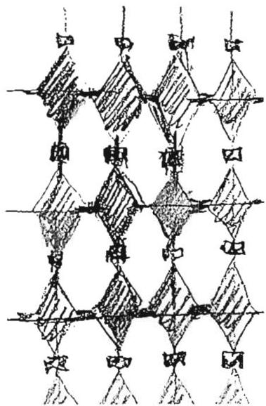 This diagram shows the pattern of the space in the same carpet, with dark and light reversed to show the structure and the patterns more clearly. The dark depicts the pattern of the yellow in the carpet, while the white depicts the pattern of the darker colored ornaments.