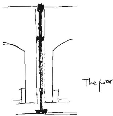 The pier, too, is both positive and negative; it traps the key structural element—the column that comes down—in a chase formed at the heart of the pier.