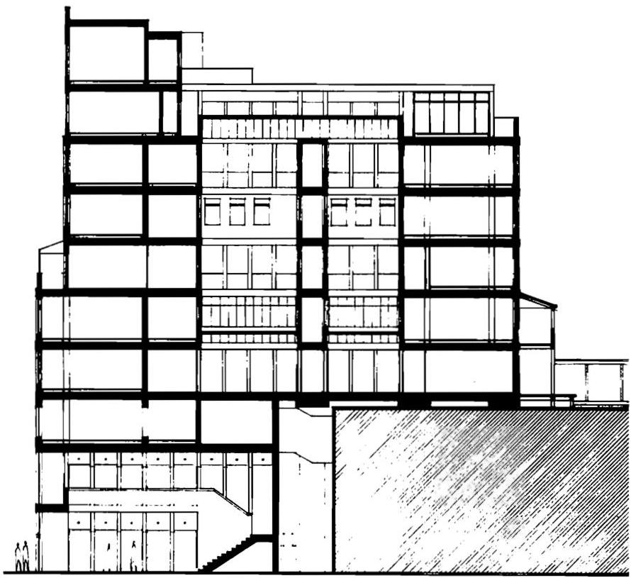 Sapporo ten-story apartment building, longitudinal section. Christopher Alexander and Ingrid King, 1984