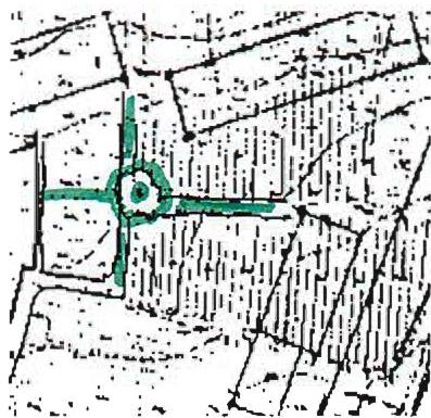 Drawing of the garden. The Kiri tree is still visible on this early drawing, marked by the dot in the circle. Even though the tree is now gone, and was gone before we built the school, it still provides the focus of this path between the fences. The fences in the photo on page 231 point towards the place where the Kiri tree once stood.