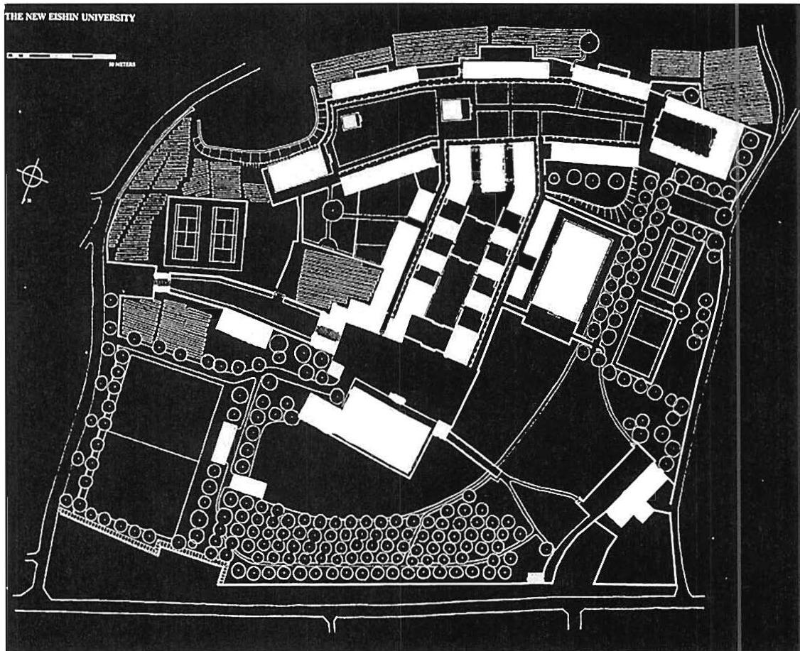 A block while reversal of the plan of the Eishin campus. You see, here, how each part of the garden (each piece that is black on the drawing) is a positive space. Each part, by unfolding, has arisen to become a positive center.