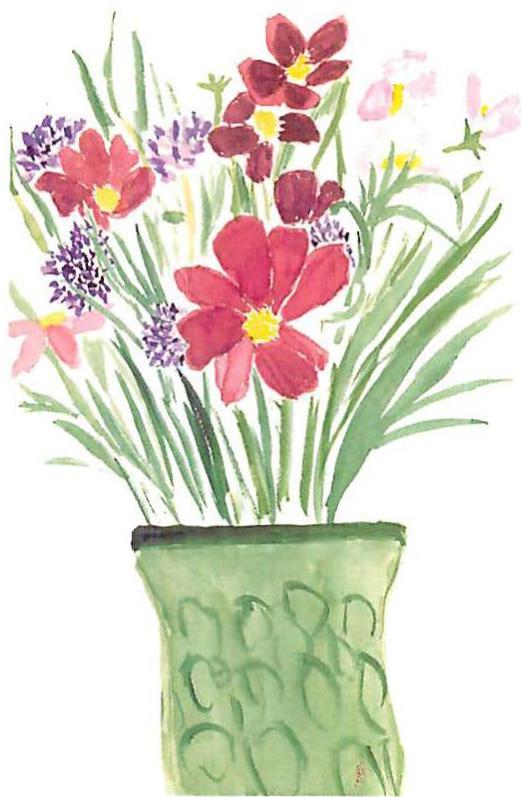 A painting of a handful of flowers. Here the centers are visible, and accentuated: the picture works just as a beautiful garden does, center by center, each illuminated by the others. Lily Alexander