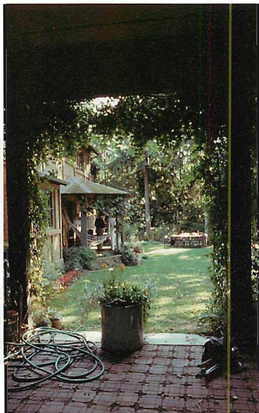 Garden of the Medlock house, looking towards Vancouver Sound and the Olympic peninsula. Christopher Alexander, with Kurt Brown, James Maguire, and Ann Medlock, 1988