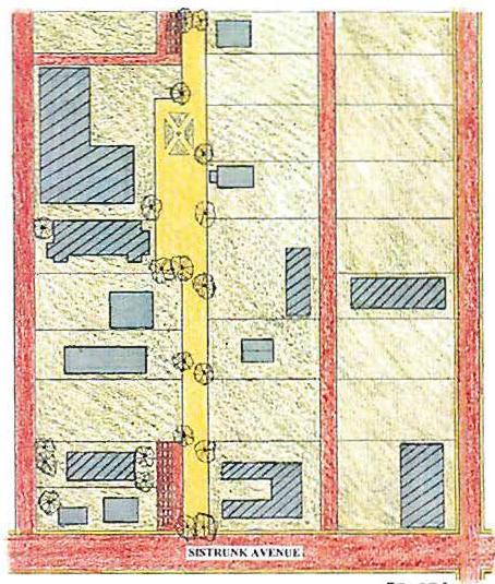 Stage 2. In the middle, what used to be the road has been re-formed as a major pedestrian space. In addition, a portion of the pedestrian path is on the land of the old large parcel under a rule which says that land being subdivided has to make a contribution to the growing pedestrian network. In the lower left corner, new driveway and parking spaces have become part of the growing local road network.