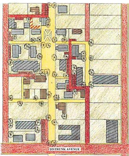Stage 3. A portion of the right hand road has been made pedestrian, while new driveways and loops are added to reach parking lots. The space released by demolition of the large building has been divided into smaller parcels and four new houses have been built there. Additional workshops are built near the parking, and new houses built along the pedestrian path. New trees adorn the pedestrian space.