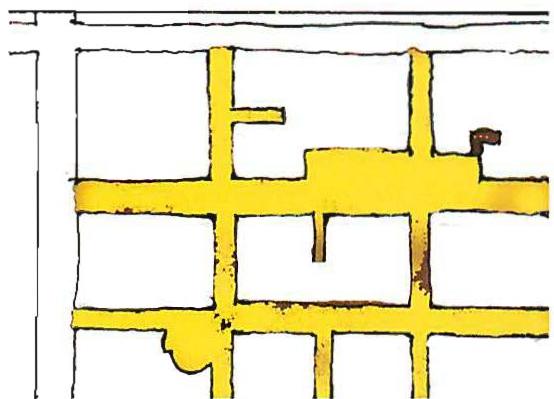 The pedestrian hull in a small part of the neighborhood. Pedestrian paths and squares and parks are shown yellow (left). On the right the same pedestrian structure is shown, with buildings in gray forming the shape of the pedestrian space, and with roads and parking for the cars added in red, suggesting how these follow and adapt themselves to the pre-existing pedestrian structure.