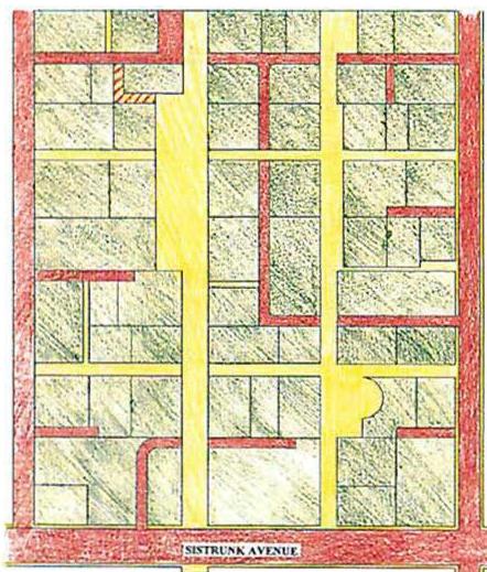 Map showing a portion of Progresso with paths and alleys introduced to make lot splitting work.
