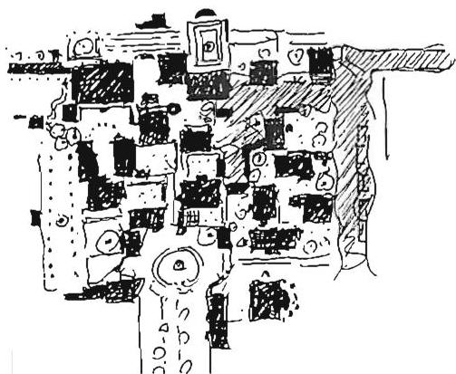 Growth of positive space between the buildings. Each building is placed to form positive space (green), and the next building is then placed, again, to form another coherent chunk of positive space.