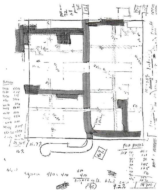 We see here how the existing roads are modified and shut off to leave partial loop roads (shown in dark) with parking spaces; the part of the old roads which is shut off is now pedestrian, and the pedestrian structure is left more coherent, and more direct. Nevertheless, the looped local roads are coherent, though indirect.