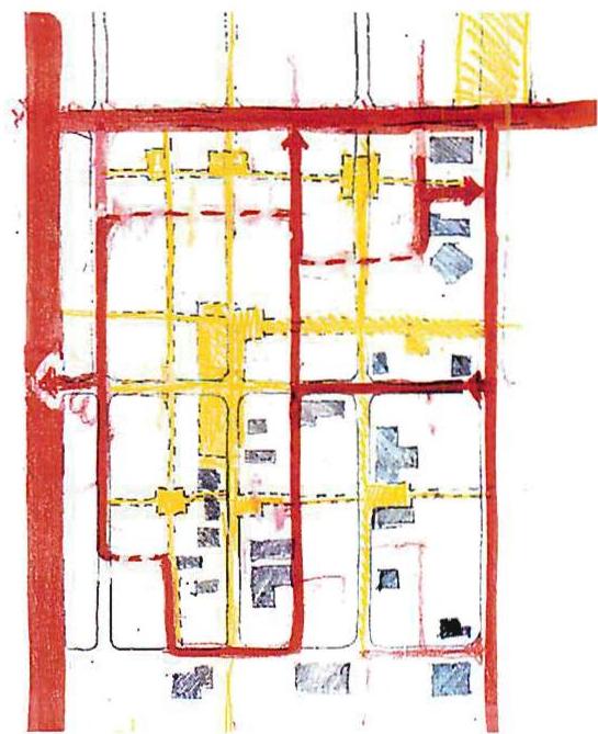 Gradual growth of a coherent pedestrian network. Here we see how roads have been closed to start forming a pedestrian hull connected with the main spine of the larger Progresso neighborhood.