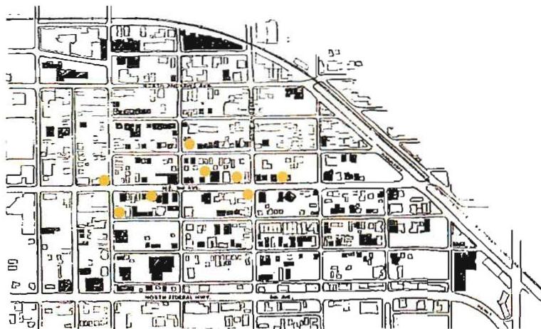 Annual diagnosis for economic repair: Progress, Fort Lauderdale, Florida, as it was in 1996. The dark buildings are good buildings which need repair, but which have a fundamentally positive role in the present neighborhood. The orange circles identify existing small businesses, which can be linked and supported to form slender chains of growing prosperity.