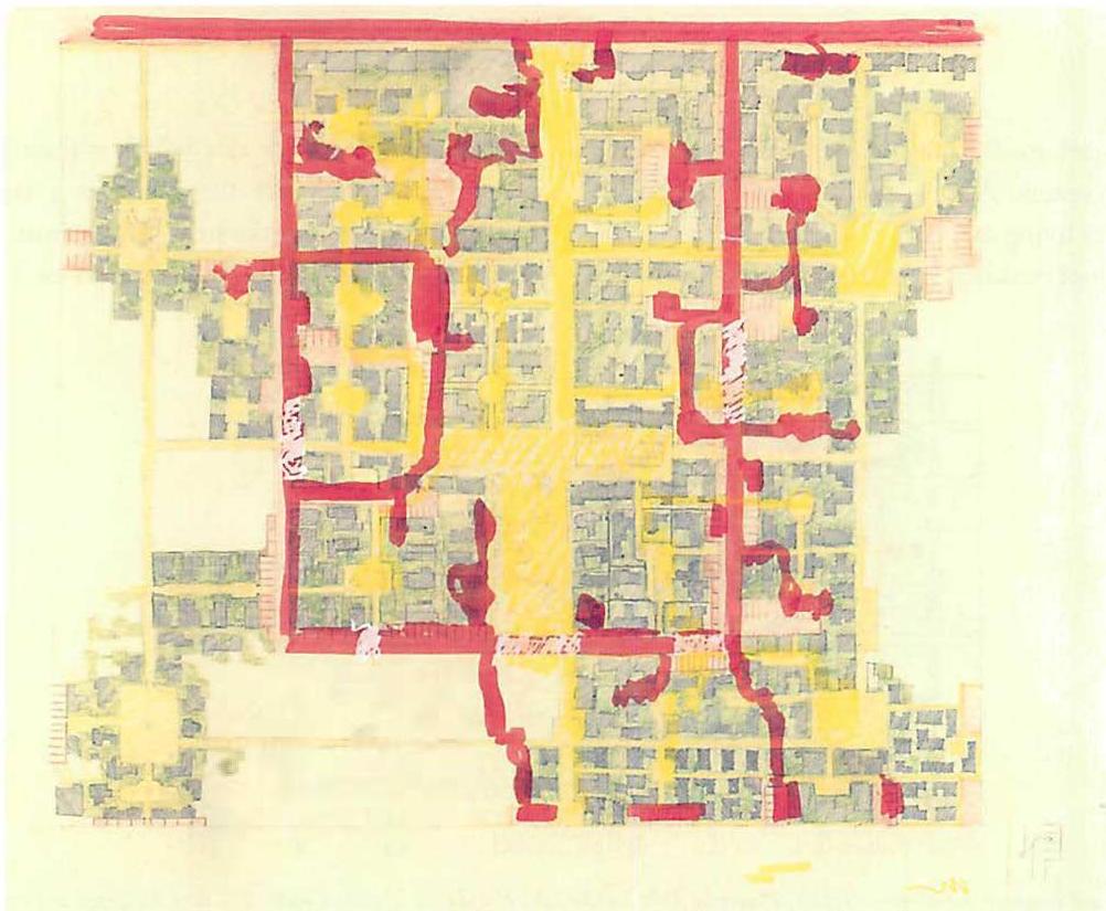 A completed simulation showing the pattern of yellow, gray, green, and red in a larger part of the neighborhood.