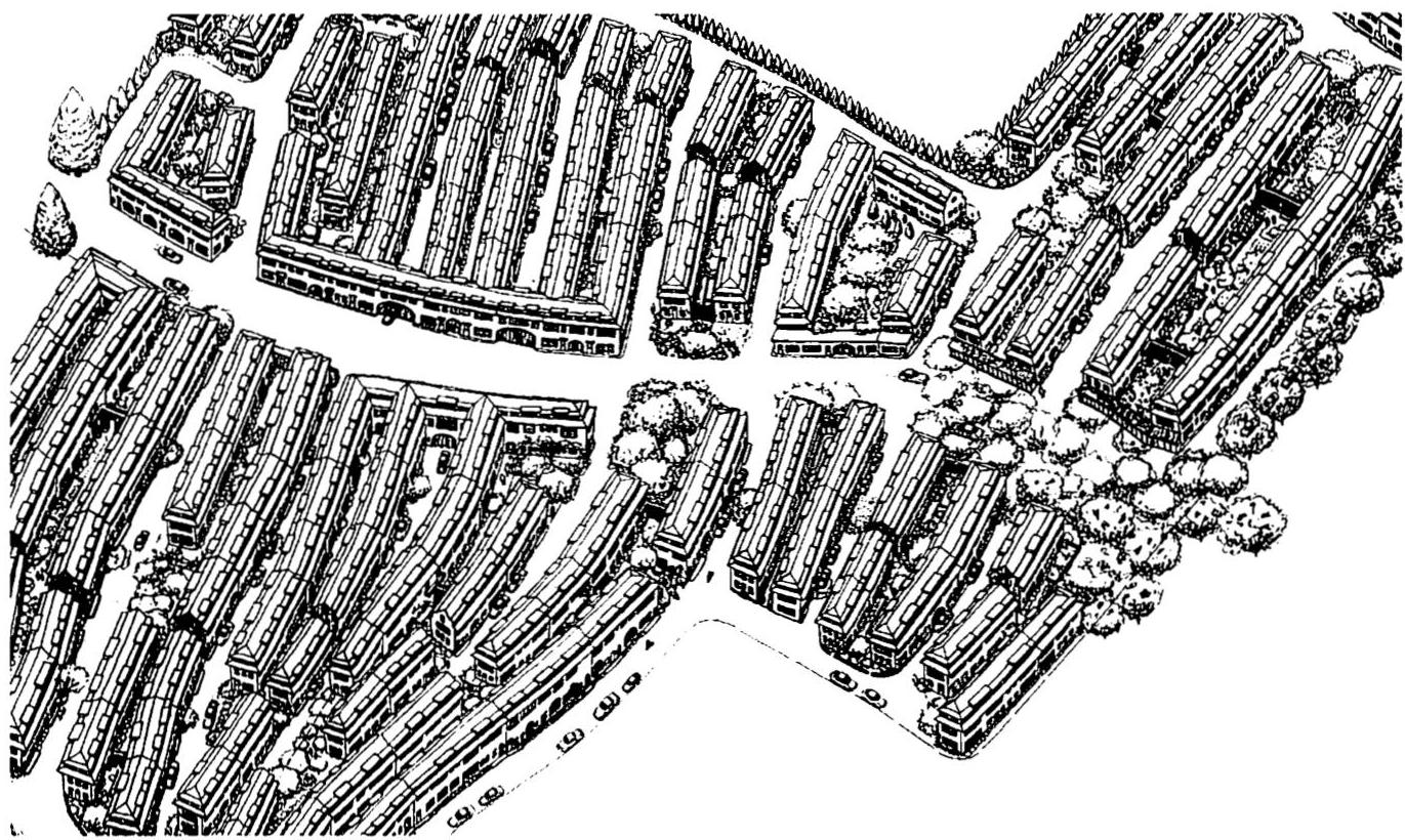 Lanes, gardens, and small houses: Overview of Shiratori Housing, Nagoya. 500 apartments on 2.5 hectares. Christopher Alexander and Miyoko Tsutsui, 1988.