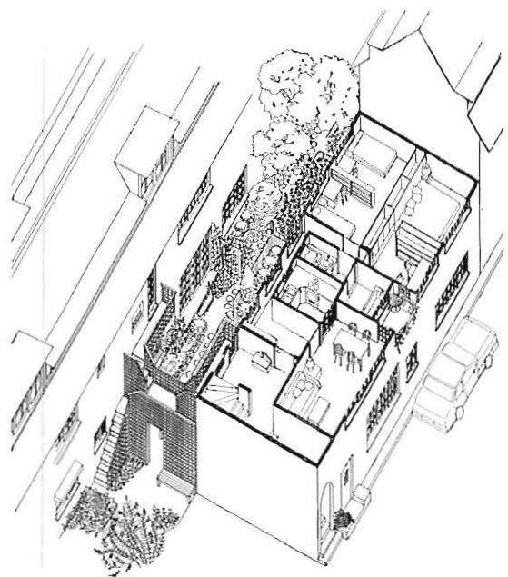Cutaway drawing showing apartments, street and gardens