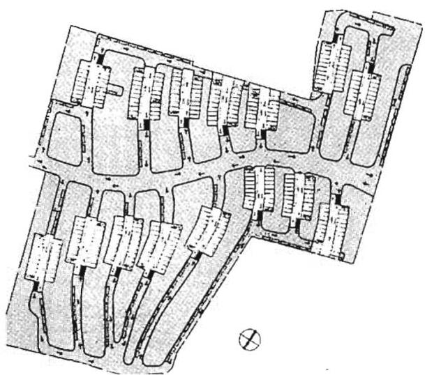 The specially designed low-cost underground garages which follow the streets and house foundations to reduce cost. Car elevators are shown in black.