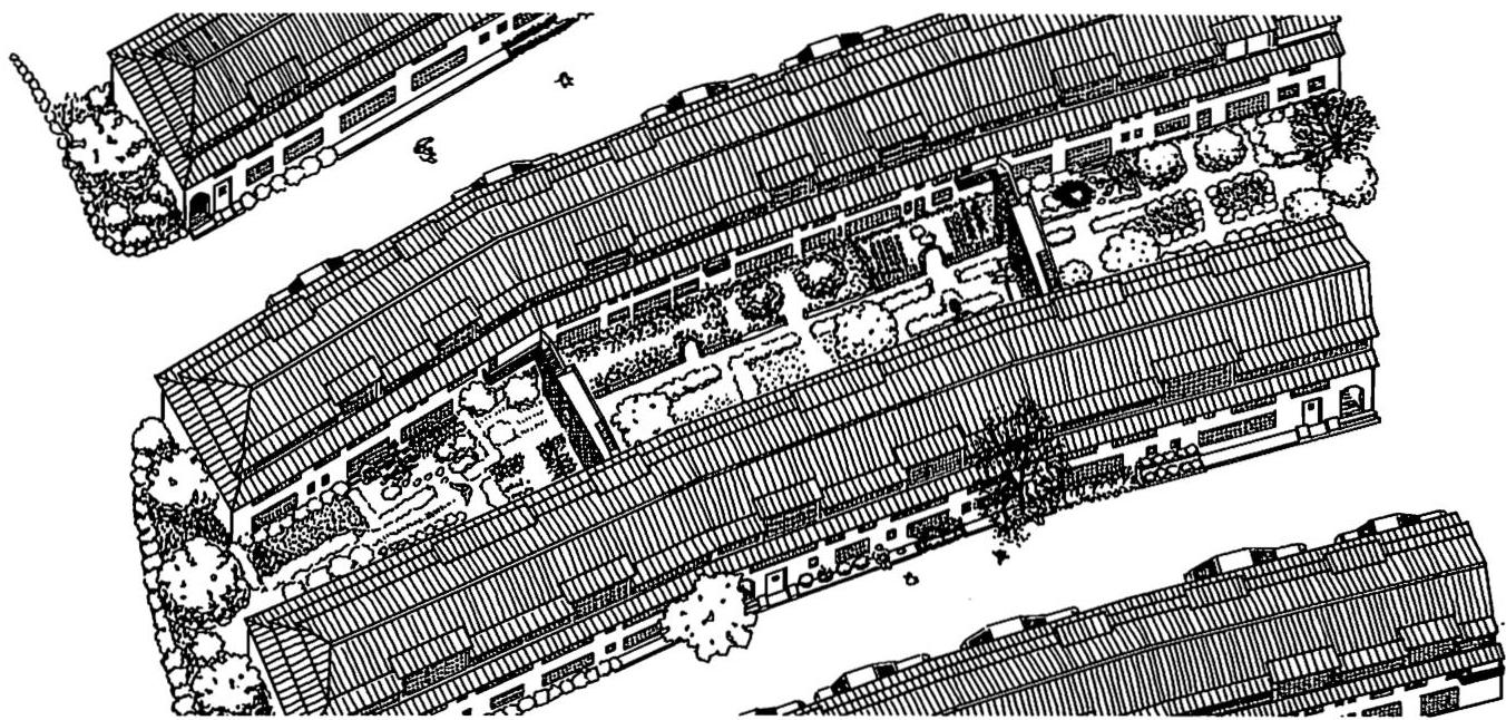 Axonometric drawing showing building exteriors, and the gardens tucked in between rows of houses and streets