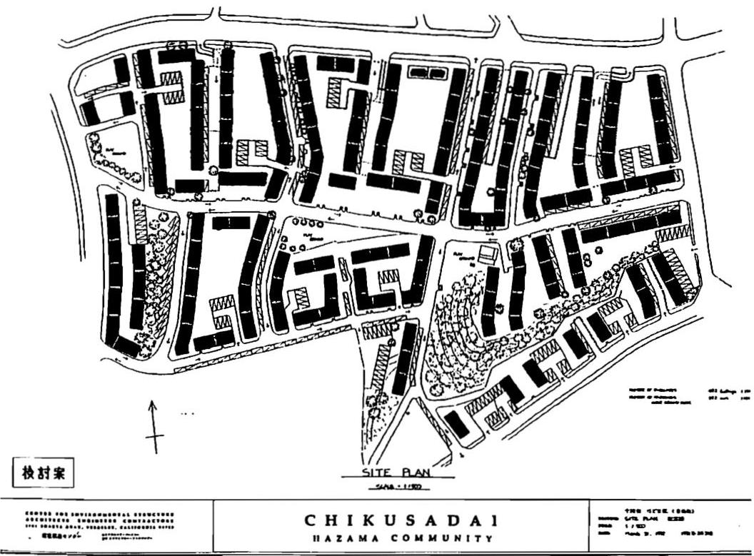 Plan of the Hazama neighborhood showing the same long rows of houses, two and a half stories high, forming the same narrow lanes for pedestrians and a few cars. However, compared with Shiratori, the houses are opened out, there are open spaces for greens, playing fields, space for future projects, and a lower density of about 40 families per acre. 1992