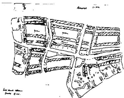 Another plan for the Hazama neighborhood, also done with the families. This illustrates what happens when the streets run parallel to the main axis: not as good from the point of view of sunlight, but a feasible plan with other good features. This version was finally rejected by the families in their discussions. Christopher Alexander and Miyoko Tsutani.