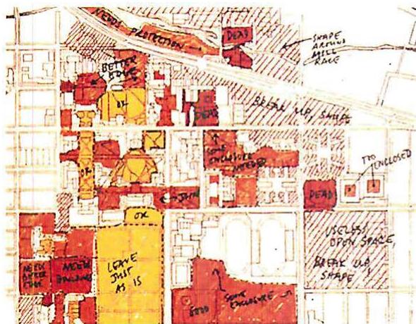 Left: Red areas are damaged and need to be fixed. Yellow areas are OK or need to be protected. A map of a neighborhood in Eugene, Oregon, showing a diagnosis in which different areas are examined, and notations made, to guide future action. Right: A map of a neighborhood in San Francisco, showing people's views about what was important and the high degree of their agreement. Taken from Yodan Rofe's Ph.D. thesis.
