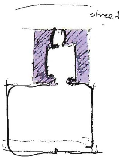 Step 6. A closer look at the character of the house-volume-plus-garden, now differentiating the house volume to form an entity which has a courtyard in it, and an entrance.