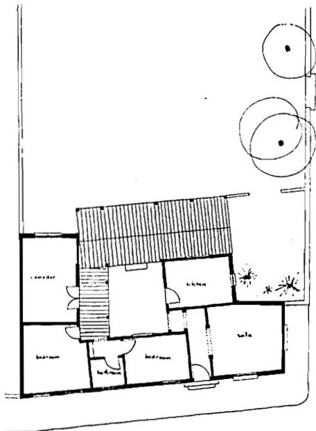 The house is made as a courtyard house, with a veranda (shown as a roof, only) to close the courtyard. The courtyard is introduced so that it complements the house and has a relation to the garden beyond: The veranda, as the boundary of the courtyard, creates a positive relation to the garden, a seam which knits the two together.