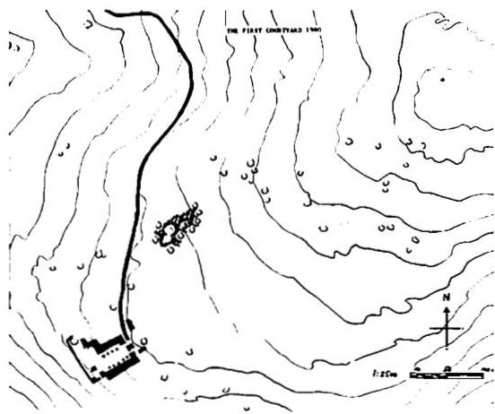 Moshav Shorashim. Year 1. Sketch of projected growth, starting with the synagogue at the edge of the bluff.