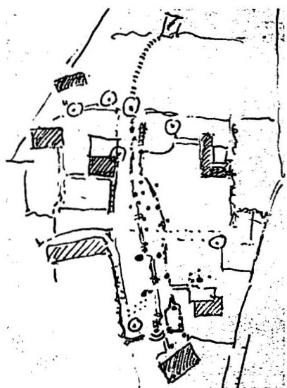 Plan of the Back-of-the-Moon community, showing the three houses in position, top right the Gioja house, middle right the Heisey house, and bottom right the Goddu house. The lake is at the top of the drawing.