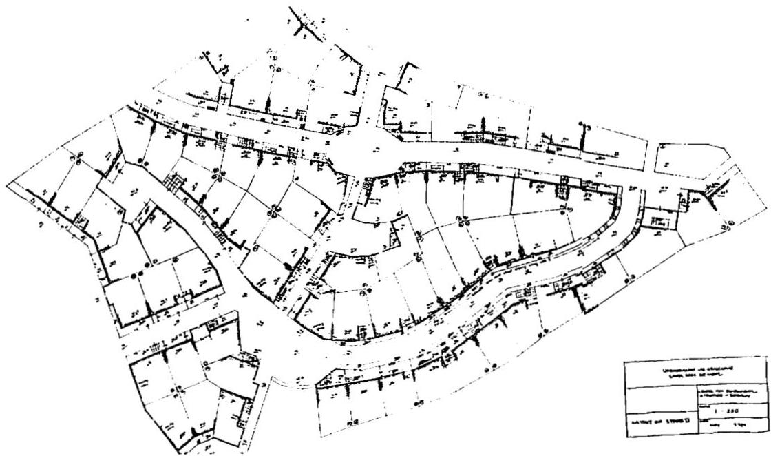 Lot plan, showing the seventy lots laid out on the site. This drawing reflects the results of work on the neighborhood layout and streets, by CES staff with seventy families. It is additionally described in chapter 9.