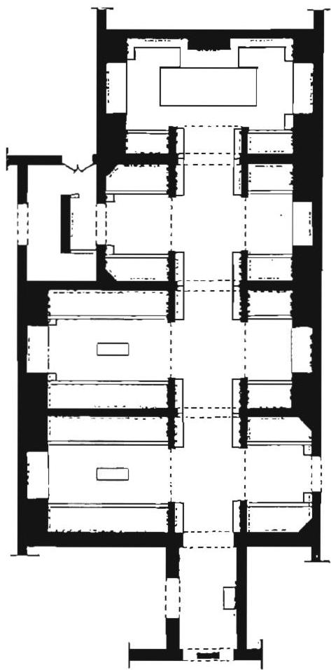 Main centers visible in the plan, Carpet Gallery, San Francisco Museum. Each niche is a center, and each niche contains subsidiary niches. Each niche contains a carpet which intensifies the large centers. Christopher Alexander with Bob Theis and Annie der Bedroszian, 1988.