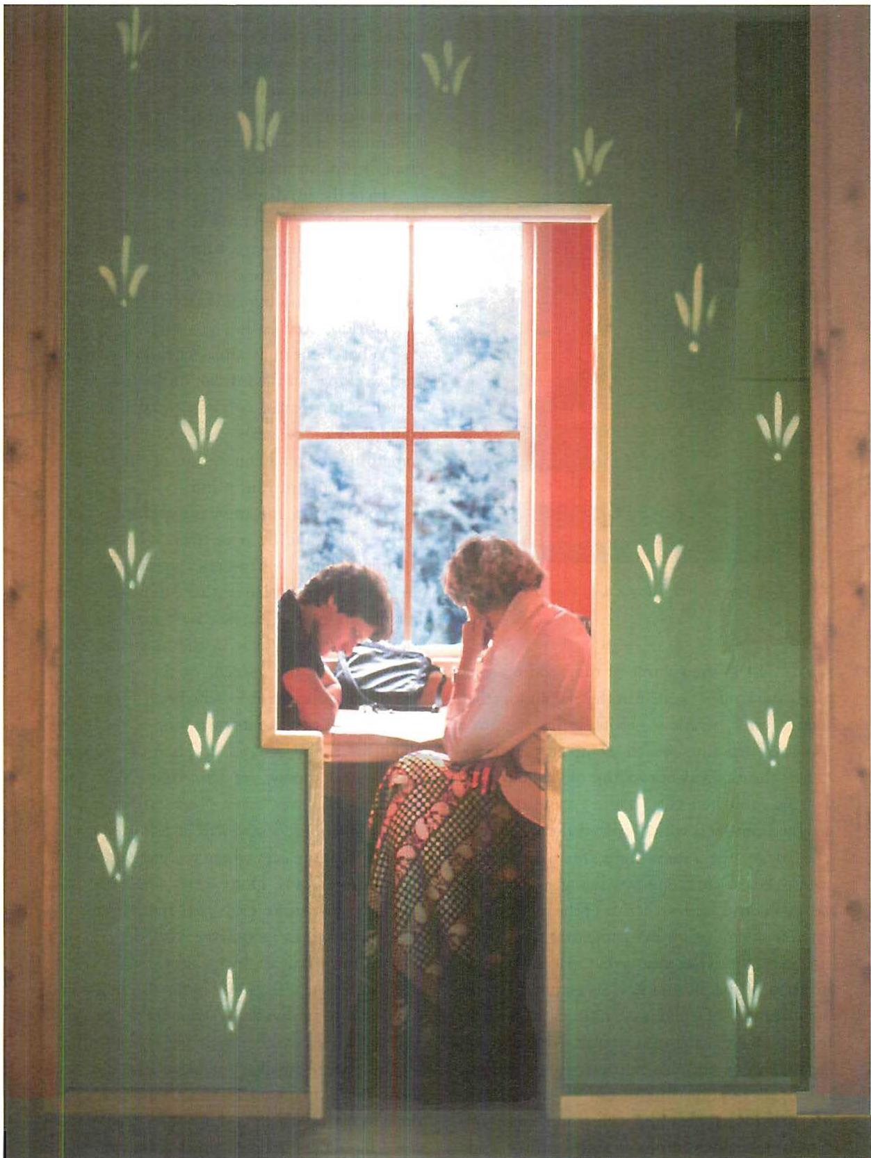 The Linz Café, Linz, Austria. An interior alcove with hand-painted surface with color and flowers. The fine structure is created by the keyhole opening, its edge, the ornaments, the window and the cross in the window, and by the table. Christopher and Pamela Alexander. 1980.
