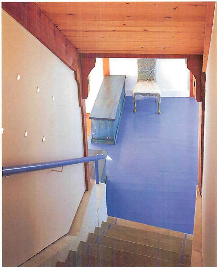 The main staircase at the Berryessa house, looking down toward the kitchen. 1986