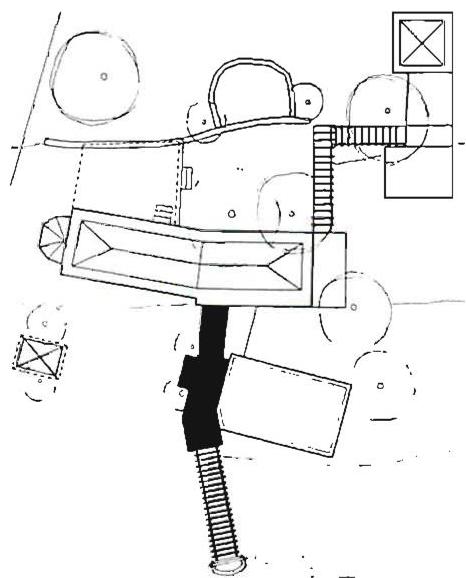 Staircase of the Berryessa house. The plan of this house, shown in full on pages 159-64, concentrates here only on the staircase, shown in black on the diagram. Christopher Alexander and Artemis Aminou, 1986.