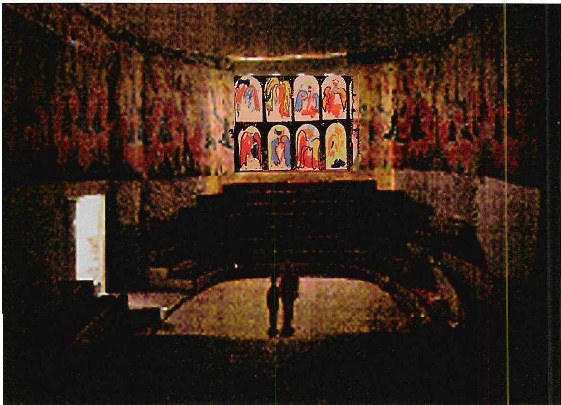 A gentle quietness and composure in a room. Interior of the auditorium and assembly hall. Waldorf School for Altadena, California. A man and a boy look together at the stained glass windows: the walls are dark, painted angels are flying all over the walls. Study model and sketch of windows. Christopher Alexander, 1988.