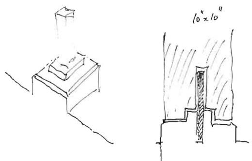 Left: The concrete base and square steel pin that receive the base of the wooden column, mortised out as shown