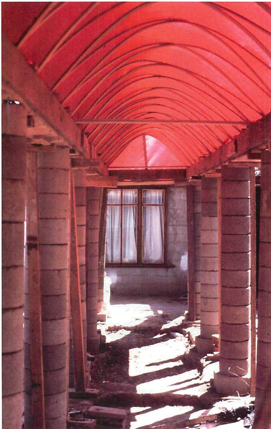 Columns with substance, made from specially manufactured cylindrical blocks of soil-cement, cast and pressed on our own modified Rosa-Cometu block-making machine, Mexicali. Christopher Alexander, Julio Martinez, Donald Corner and Howard Davis, 1976.