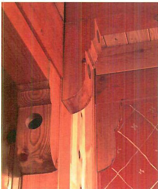 Left: Three wooden corbels, cut from six-by-six stock. Although simple, these corbels do perhaps have some of the mirror of the self quality, and begin to approach some of the value of traditional living centers. Sala House, California, Christopher Alexander and Gary Black, 1983. Right: Wood to wood connections, Martinez Carpentry Shop.