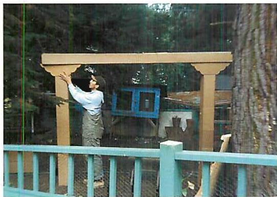Cardboard mockups in our Berkeley yard. 1500 miles from the building site where our crews were working. On the left, our first try, a capital that is too shallow, not substantial enough to work with the beam. On the right, our second try, a capital that is too deep, too fat.