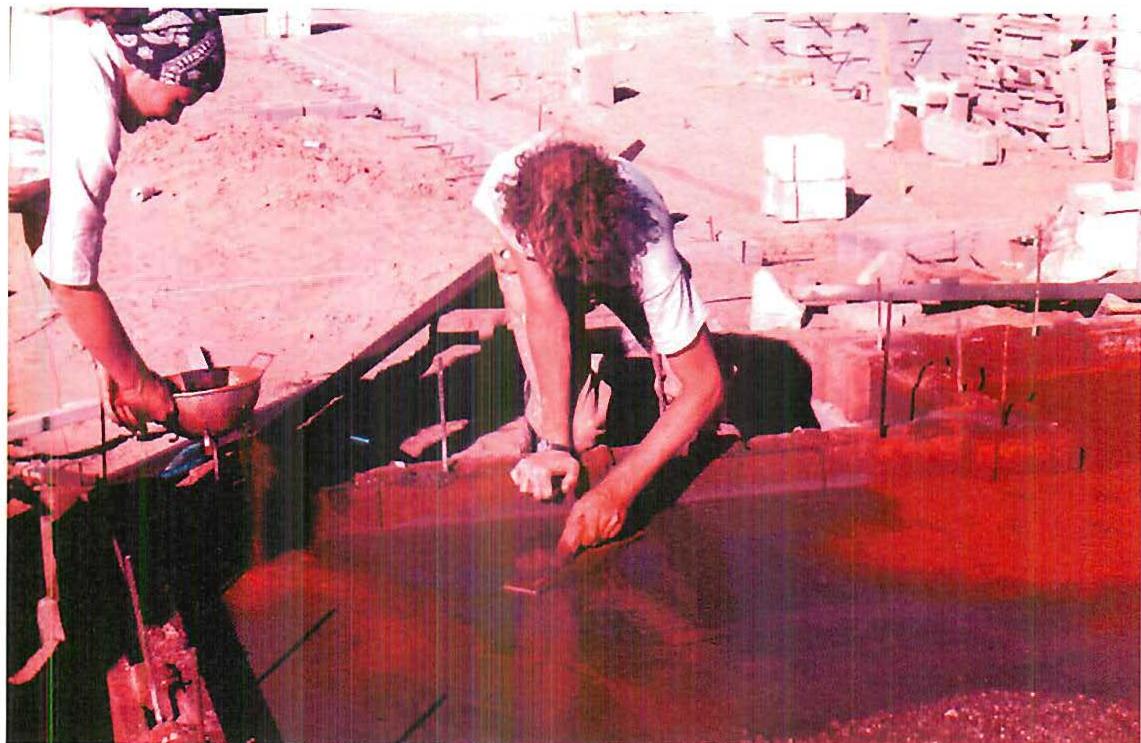 Hand traveled slab. Mexicali. The red oxide was mixed with sand and scattered on the wet slab through a sieve, then traveled hard.