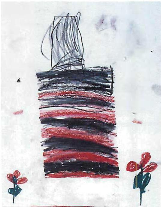 Drawing of the finished Sala house, showing the red and gray stripes that came, naturally, from the 12-inch lifts of the exterior shell formwork with the use of alternating colors of concrete. Drawn by Stephanie Sela.