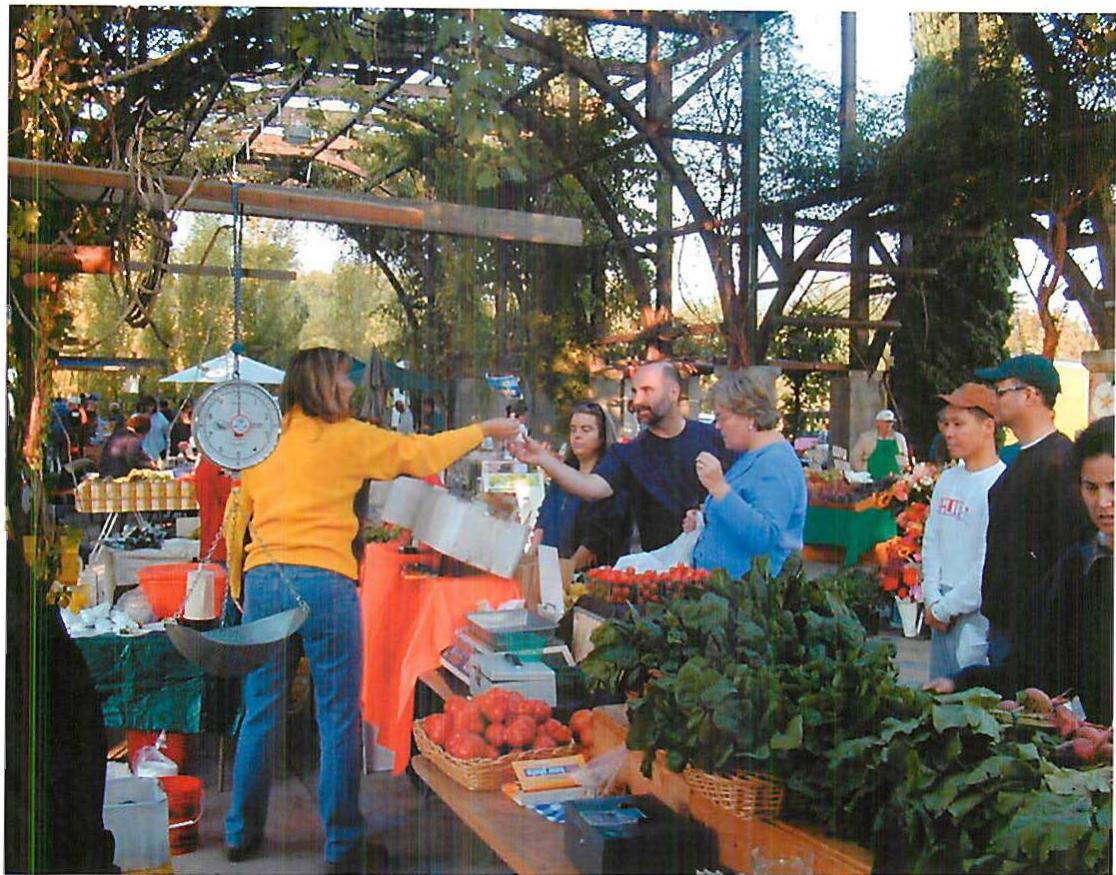The Fresno Farmer's Market, again showing the complex, wooden, arched structure.