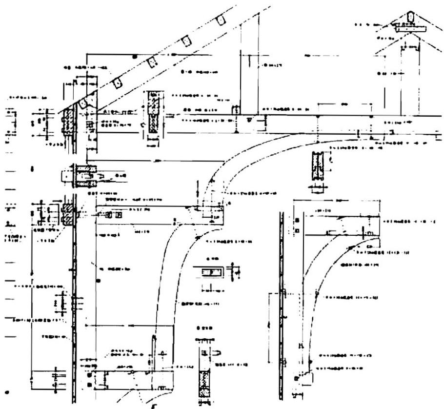Details of the composite wooden truss with curved members we built for the Central building of the Eishin campus. The truss was designed and calculated by finite element analysis, and uses highly innovative steel bolt tension connections in addition to calculated moments carried in the truss members. Christopher Alexander and Gary Black, 1984.