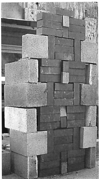 Left: and early mockup in our yard of a new kind of wall construction for the four-story Frankfurt apartment buildings. Right: Another mockup in our yard, more developed, of a new kind of brick-concrete mixture in a wall construction for the four-story Frankfurt apartment buildings (plans shown on pages 86-92).