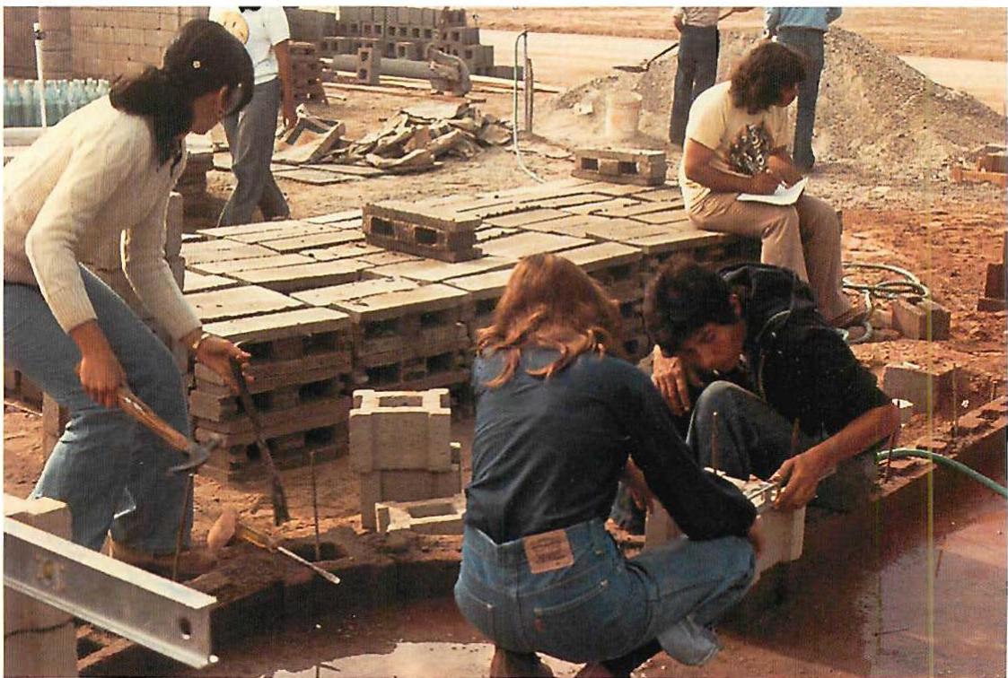 Our manufacture of special interlocking earth-cement blocks designed so they could be placed in a way that allows unfolding to proceed smoothly and without backtracking.