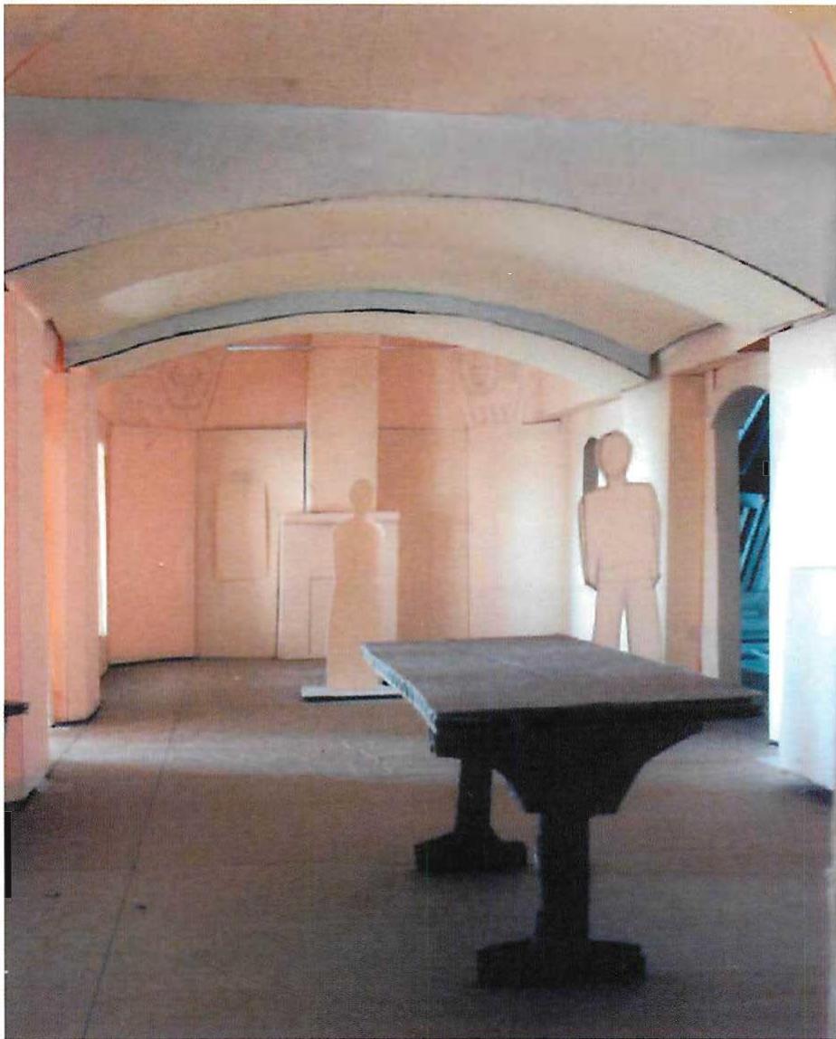 Model of living room just before construction, showing the starting configuration of the room interior, columns, beams and vaults.