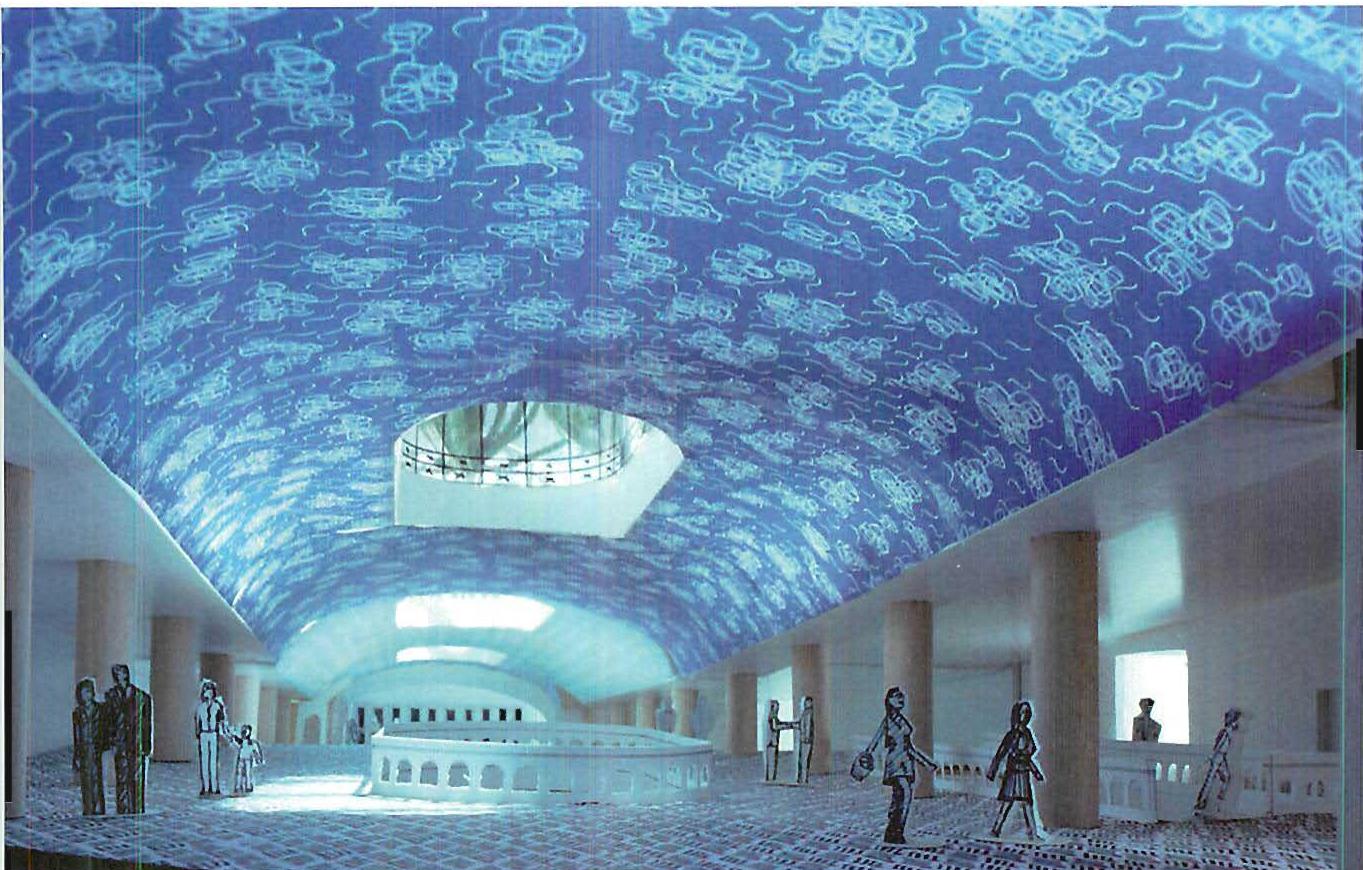 Concourse of the underground Megaron Musikis Atheni, in Athens, using a new form of production in which a giant project is built by methods that unite uniqueness of detail, personal quality and adaptation of components, with high-technology machine methods. Christopher Alexander, Randy Schmidt, Demetrius Gonzales, Bankokn Savagnova, 2001.